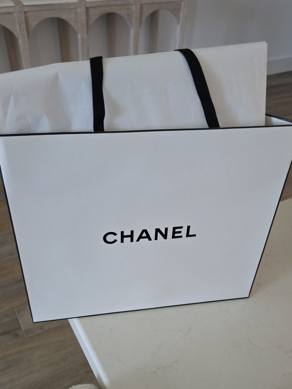 New Never CHANEL White and Black Logo Paper Shopping Bag & CHANEL tissue Paper